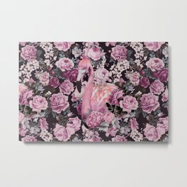 Pink Vintage Roses And Flamingo Metal Print | Botanical, Botany, Roses, Nature, Pink, Englishrose, Floral, Exotic, Pastel, Bird 