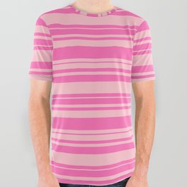 [ Thumbnail: Hot Pink and Pink Colored Striped Pattern All Over Graphic Tee ]