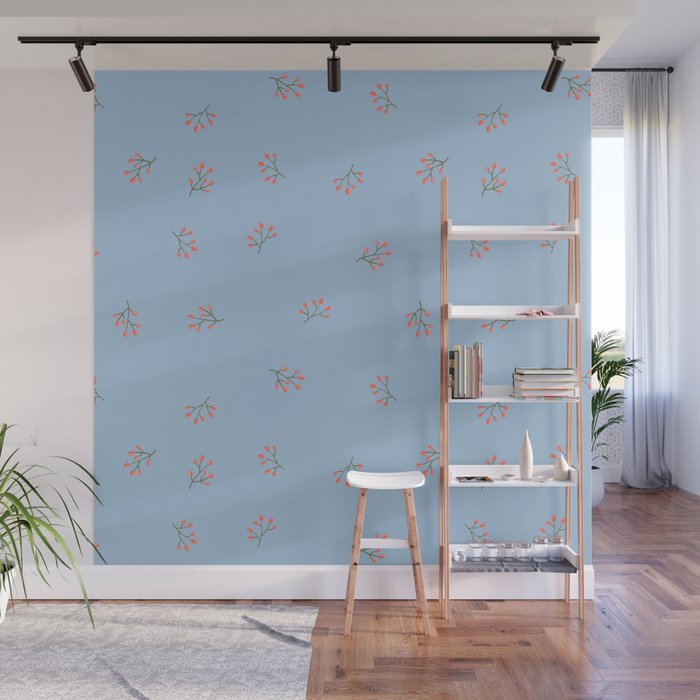 Branches With Red Berries Seamless Pattern on Pale Blue Background Wall Mural