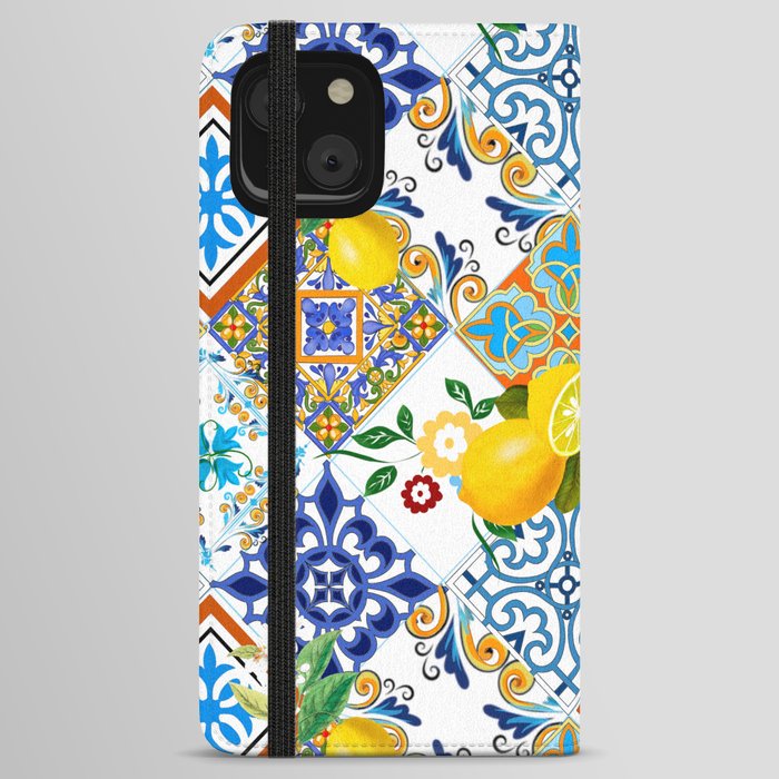 Tiles,mosaic,azulejo,quilt,Portuguese,majolica,lemons,citrus. iPhone Wallet Case