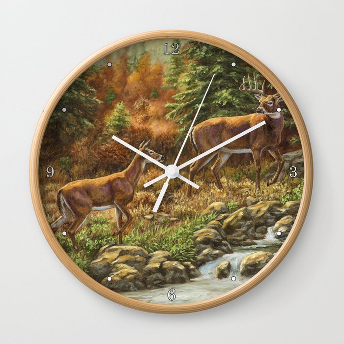 Whitetil Deer Doe & Buck by Waterfall Wall Clock