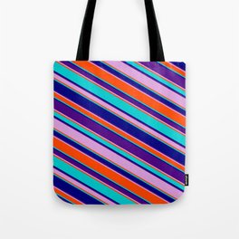[ Thumbnail: Eyecatching Dark Turquoise, Blue, Indigo, Plum, and Red Colored Lined/Striped Pattern Tote Bag ]