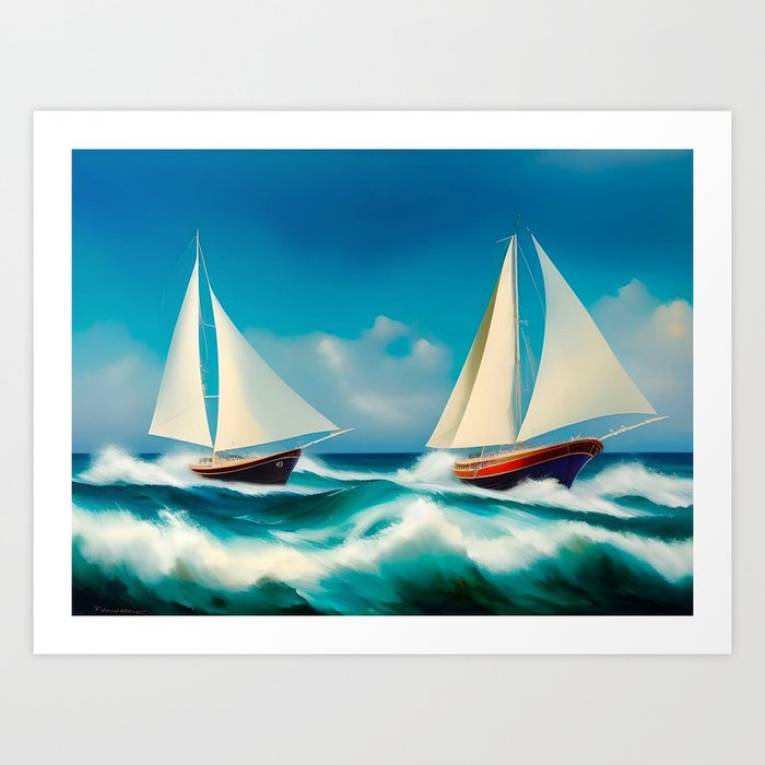 Newport Races II; blue sailing yacht races off the coast of Aquidneck Island and coast of Rhode Island seascape nautical sailboat painting Art Print