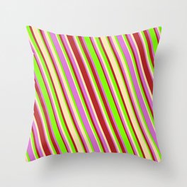 [ Thumbnail: Green, Beige, Orchid, and Red Colored Lined Pattern Throw Pillow ]