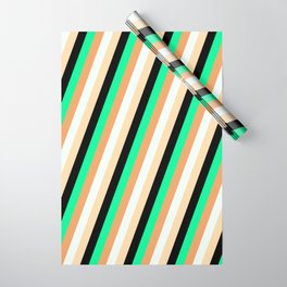 [ Thumbnail: Eye-catching Green, Brown, Mint Cream, Tan, and Black Colored Lines/Stripes Pattern Wrapping Paper ]