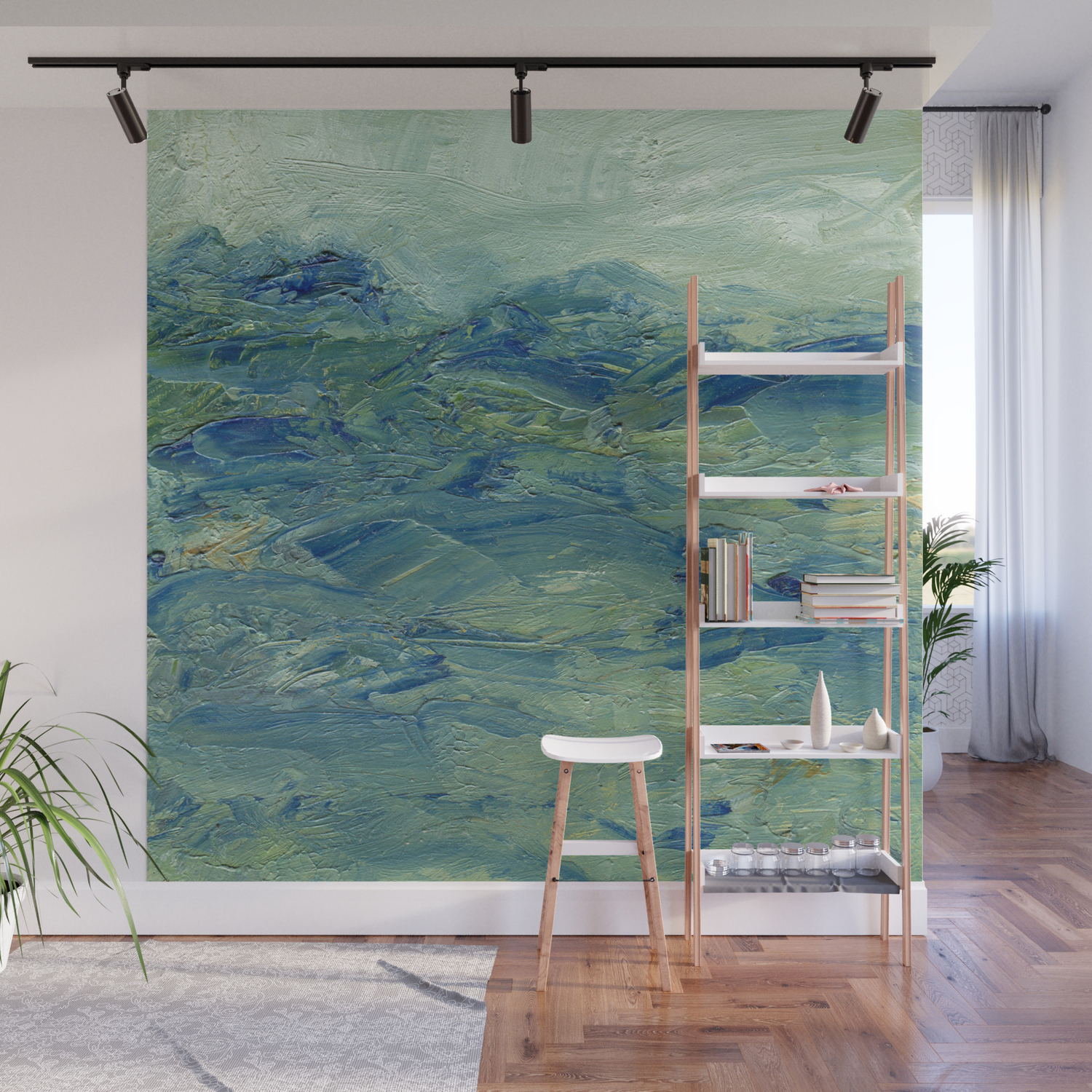 Abstract Blue Green Waves Of Aqua Ocean Blue Mountains Wall Mural
