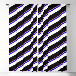 [ Thumbnail: Light Coral, Blue, White & Black Colored Striped Pattern Blackout Curtain ]