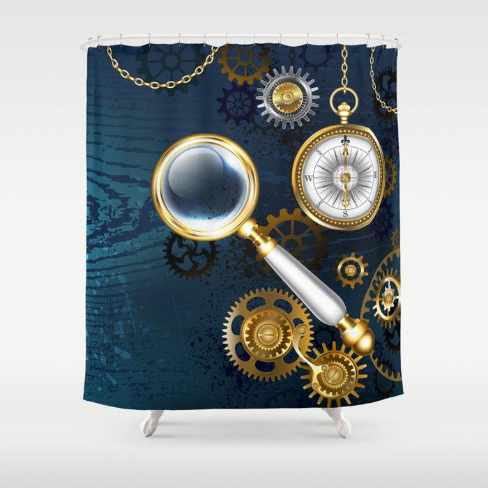 Steampunk blue background with magnifier Shower Curtain