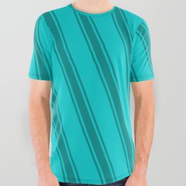 [ Thumbnail: Dark Turquoise & Dark Cyan Colored Lined/Striped Pattern All Over Graphic Tee ]