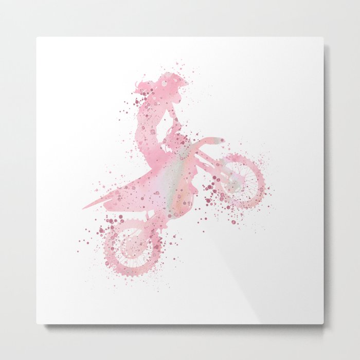 Girl Motocross Colorful Pink Watercolor Motorcycle Art Metal Print