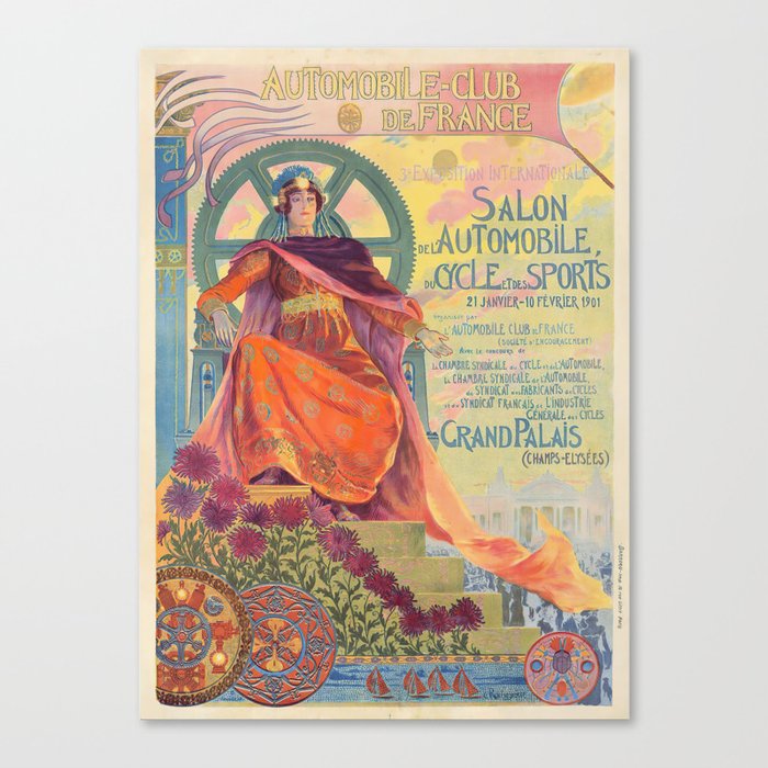Salon Automobile de France - Ancient old retro vintage club colorful illustration   Canvas Print
