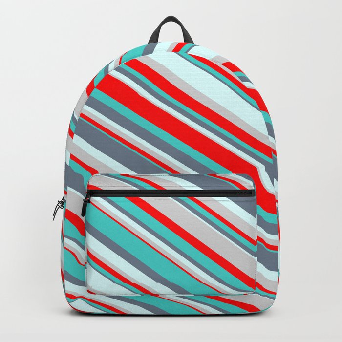 Colorful Light Grey, Red, Turquoise, Slate Gray & Light Cyan Colored Pattern of Stripes Backpack