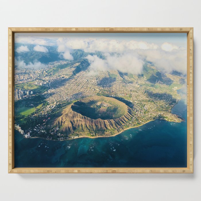 Diamond Head crater volcano; Island of Oahu, Waikiki, Hawaii aerial coastal color Pacific Ocean landscape photograph / photography Serving Tray