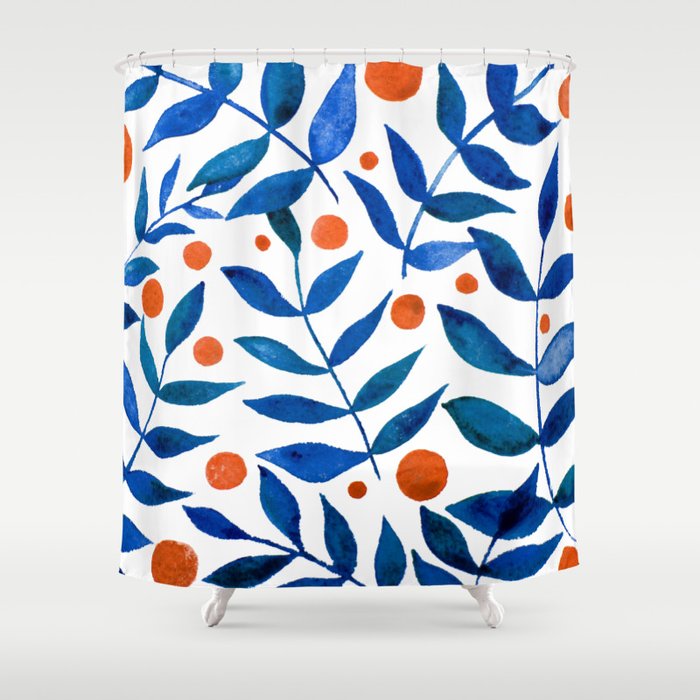 Watercolor Berries And Branches Blue, Orange Shower Curtains