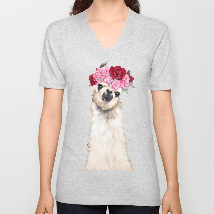 Llama with Pink Roses Flower Crown V Neck T Shirt
