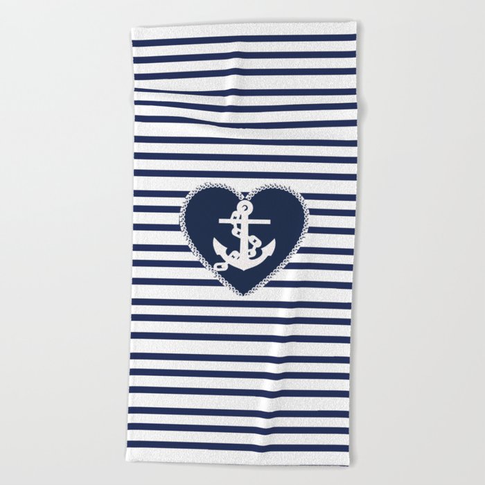 Modern navy blue white heart anchor nautical stripes Beach Towel