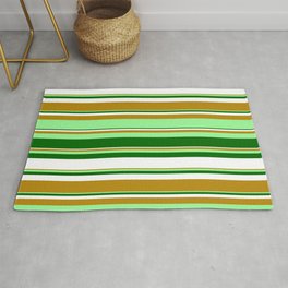 [ Thumbnail: Dark Goldenrod, Green, Dark Green, and White Colored Stripes Pattern Rug ]