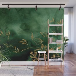 Winter Gold Flowers On Emerald Marble Texture Wall Mural