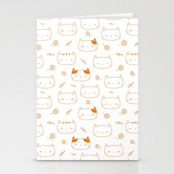 Orange Doodle Kitten Faces Pattern Stationery Cards