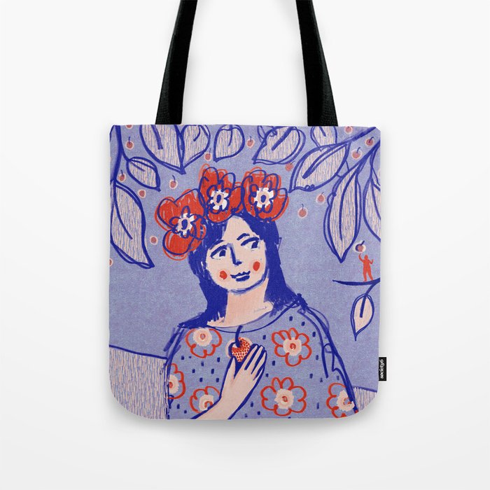 Whimsical Woman Figure Portrait with Flower Crown and Cherries. Modern Feminine Boho Cherry Fruit Art Print for Modern Gallery Wall Decor Tote Bag