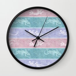 Pastel Geckos on Blue and Mint Stripes Wall Clock