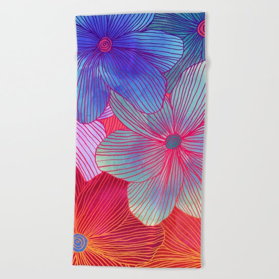 Between the Lines 2 - tropical flowers in purple, pink, blue & orange Beach Towel