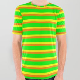 [ Thumbnail: Yellow, Dark Orange, and Lime Colored Lined/Striped Pattern All Over Graphic Tee ]