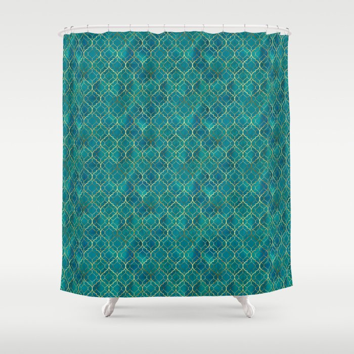 Geometric Traditional Vintage Royal Green Golden Andalusian Moroccan Zellige Style Shower Curtain