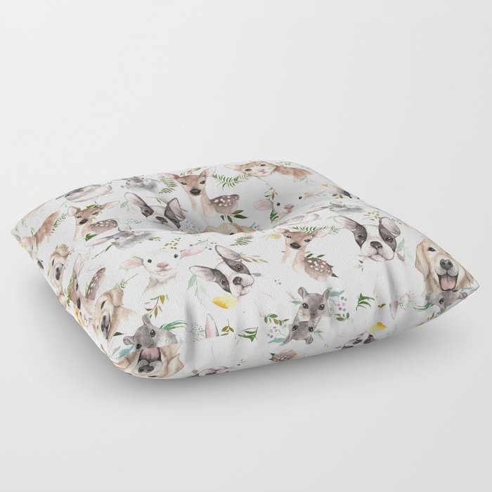Watercolor black white brown forest animals green foliage floral  Floor Pillow