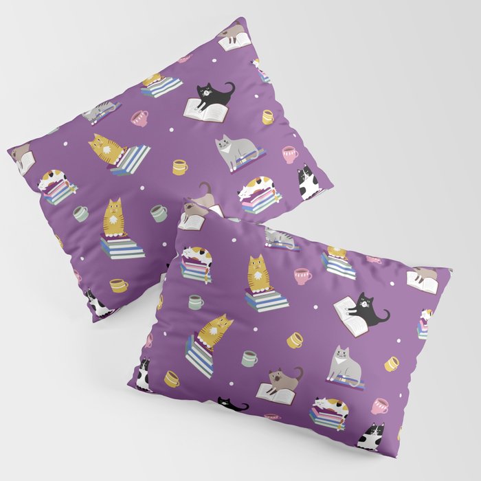 Cats, Books and Coffee on Purple 11000 Pillow Sham