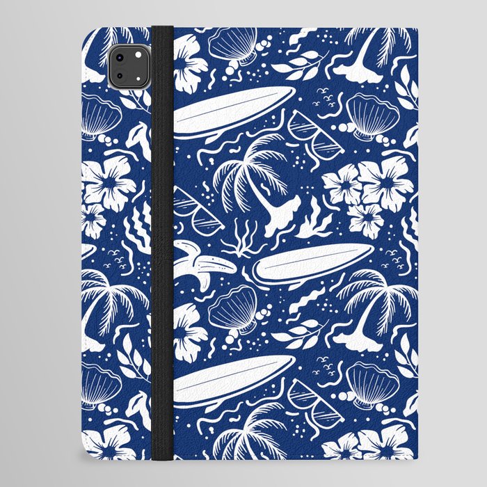 Blue and White Surfing Summer Beach Objects Seamless Pattern iPad Folio Case