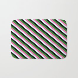 [ Thumbnail: Forest Green, Hot Pink, Light Cyan & Black Colored Lined Pattern Bath Mat ]
