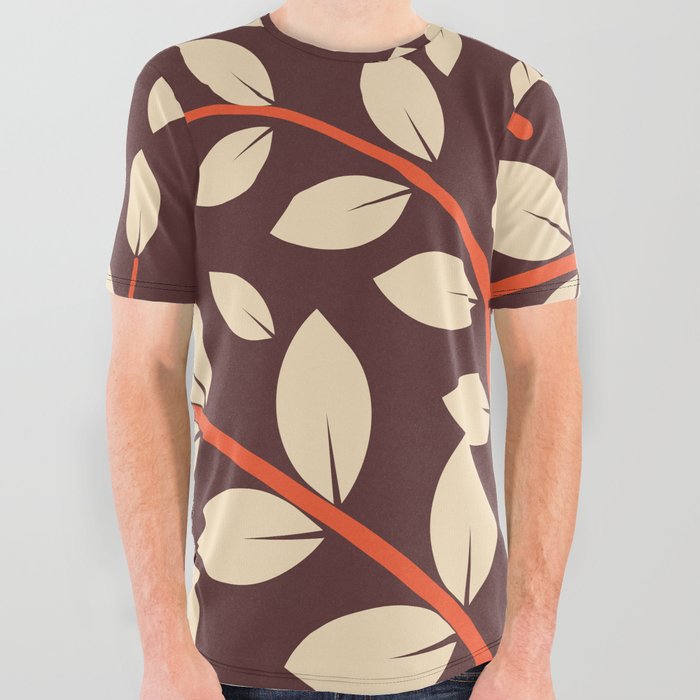 Retro Style Leaves Pattern - Dutch White and Brown Coffee All Over Graphic Tee