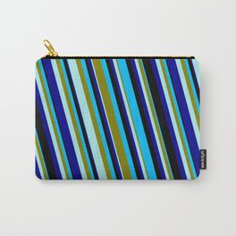 [ Thumbnail: Eyecatching Deep Sky Blue, Green, Turquoise, Dark Blue, and Black Colored Pattern of Stripes Carry-All Pouch ]