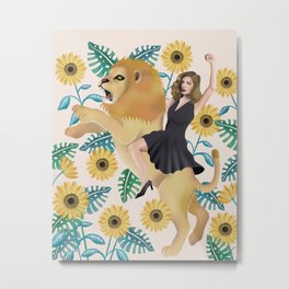 Fearless (Woman and Lion)  Metal Print | Fearless, Empowerment, Drawing, Big Cat, Strong Woman, Botanical, Sunflower, Lion, Animal, Woman 
