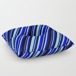 [ Thumbnail: Light Sky Blue, Blue & Black Colored Stripes/Lines Pattern Floor Pillow ]