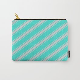 [ Thumbnail: Turquoise & Light Grey Colored Stripes Pattern Carry-All Pouch ]