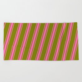 [ Thumbnail: Green & Hot Pink Colored Lines/Stripes Pattern Beach Towel ]