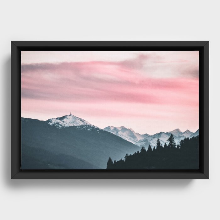 Snow Capped Mountains with Pink Sky  Framed Canvas