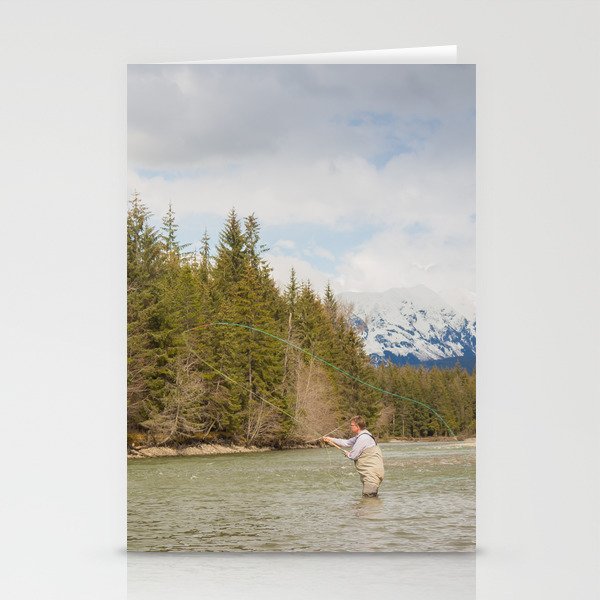 A fly fisherman casting on the Kalum River in the Skeena Region of British Columbia, Canada Stationery Cards