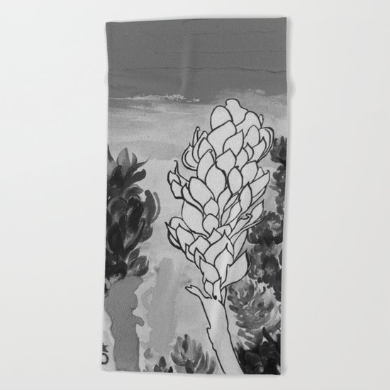 Alpinia purpurata – Red Ginger Flower - Black and White Greyscale Beach Towel