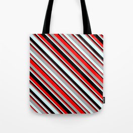 [ Thumbnail: Red, Dark Grey, Light Cyan, and Black Colored Striped Pattern Tote Bag ]