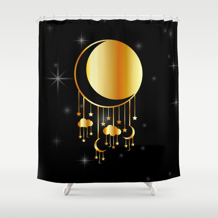 Golden night sky and moon dreamcatcher in gold Shower Curtain