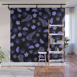 Flower leaves Pattern blue black Design Wall Mural