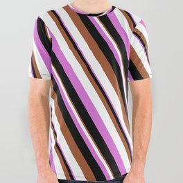 [ Thumbnail: Sienna, White, Orchid & Black Colored Striped Pattern All Over Graphic Tee ]