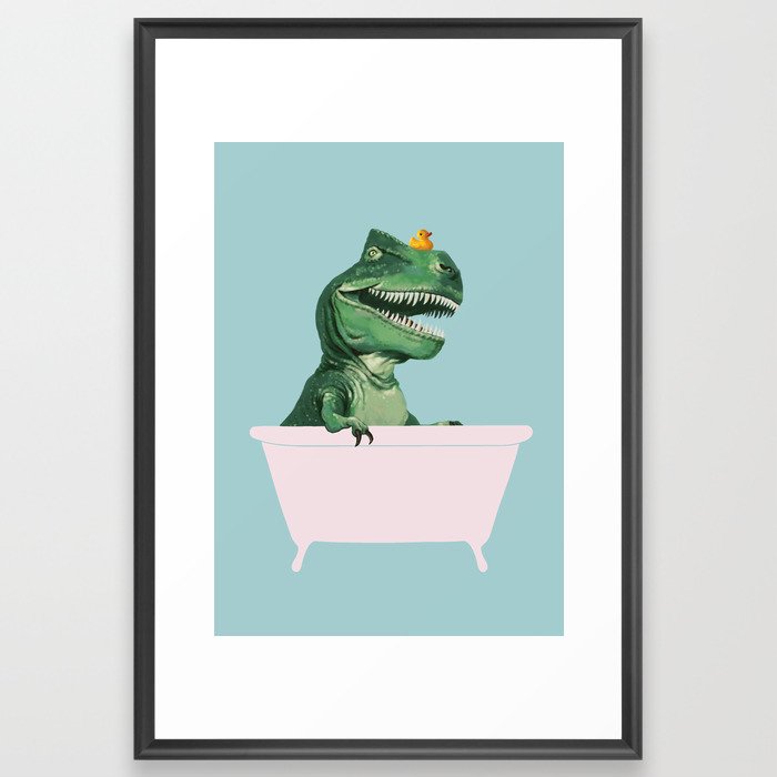 Playful T-Rex in Bathtub in Green Framed Art Print