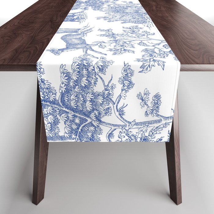 Toile de Jouy Vintage French Exotic Jungle Forest Navy Blue & White Table Runner