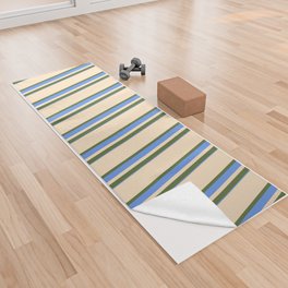 [ Thumbnail: Dark Olive Green, Bisque, and Cornflower Blue Colored Stripes Pattern Yoga Towel ]