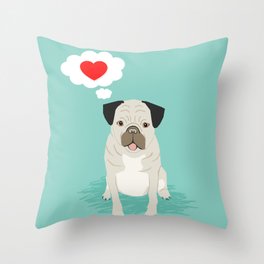 Valentines Pug with Heart - I Love You - Heart, pug, dog, cute, trendy Throw Pillow