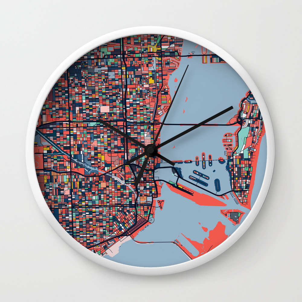 Miami Florida Abstract Map Art Wall Clock By Parmarmedia Society6